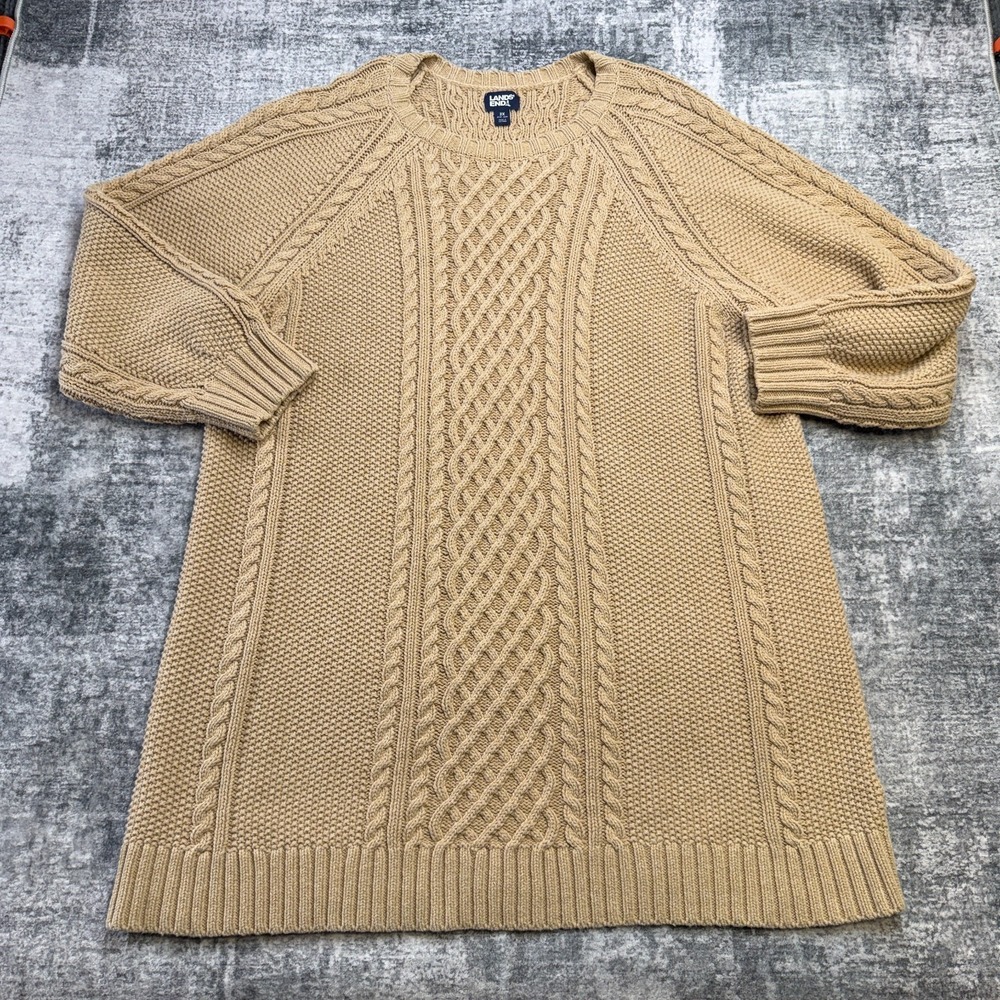 Lands End Sweater Dress Womens 3X Tan Brown Cotton Blend Cable Knit Fisherman